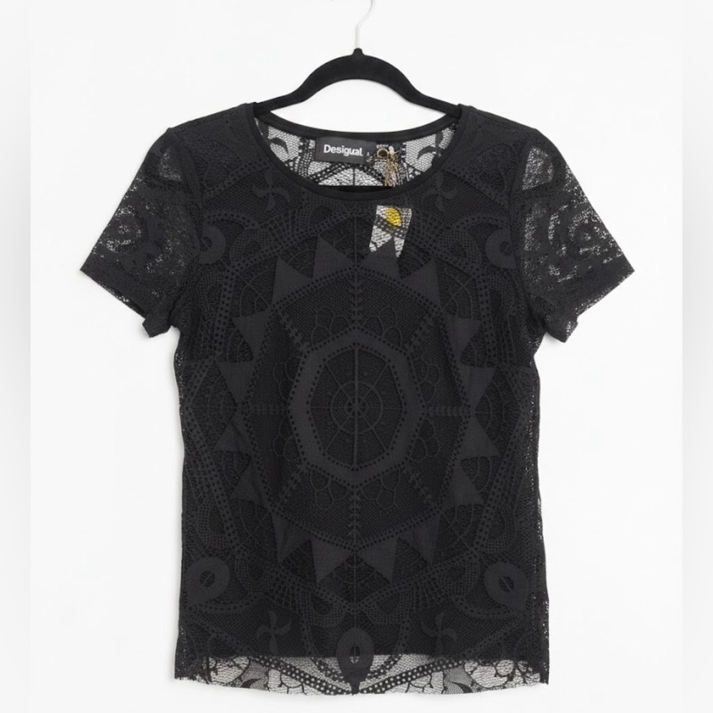 Desigual Black Crochet Top T-Shirt XS